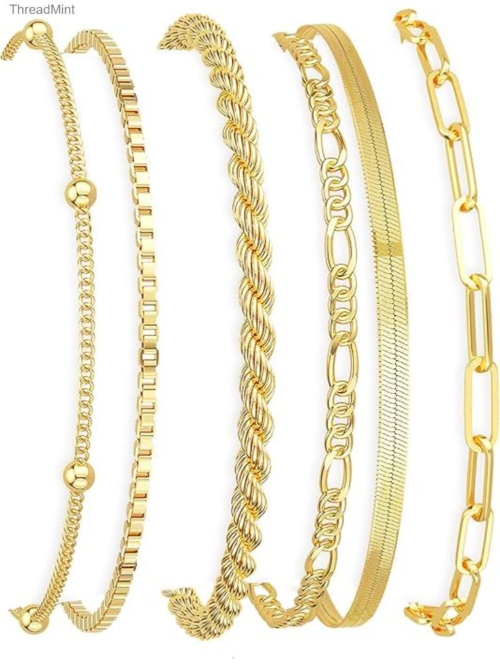 14K Gold Filled Cuban Link Paperclip Chain Bracelet Pack 6 Pieces